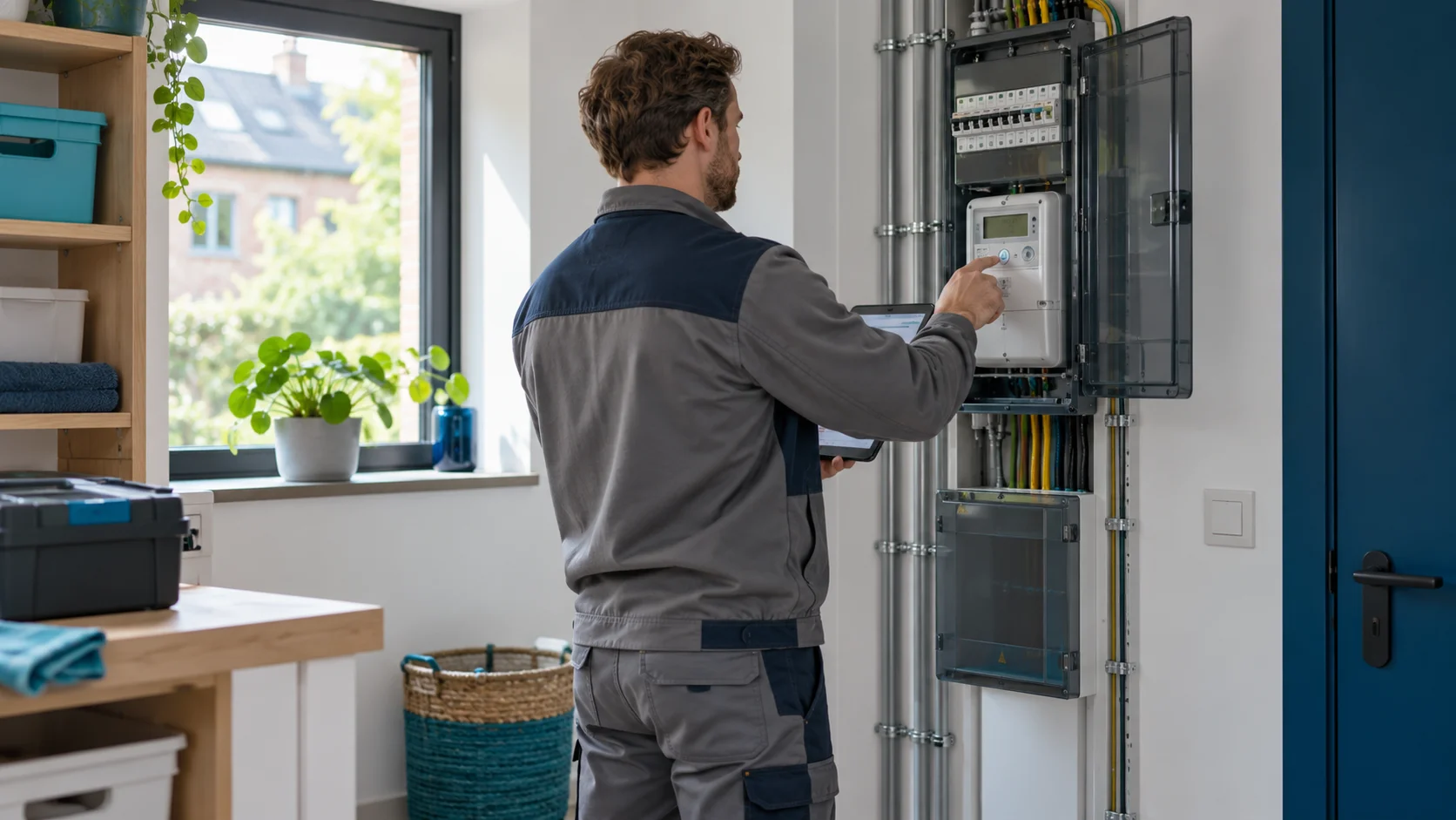 Technicien relevant un compteur électrique dans une maison
